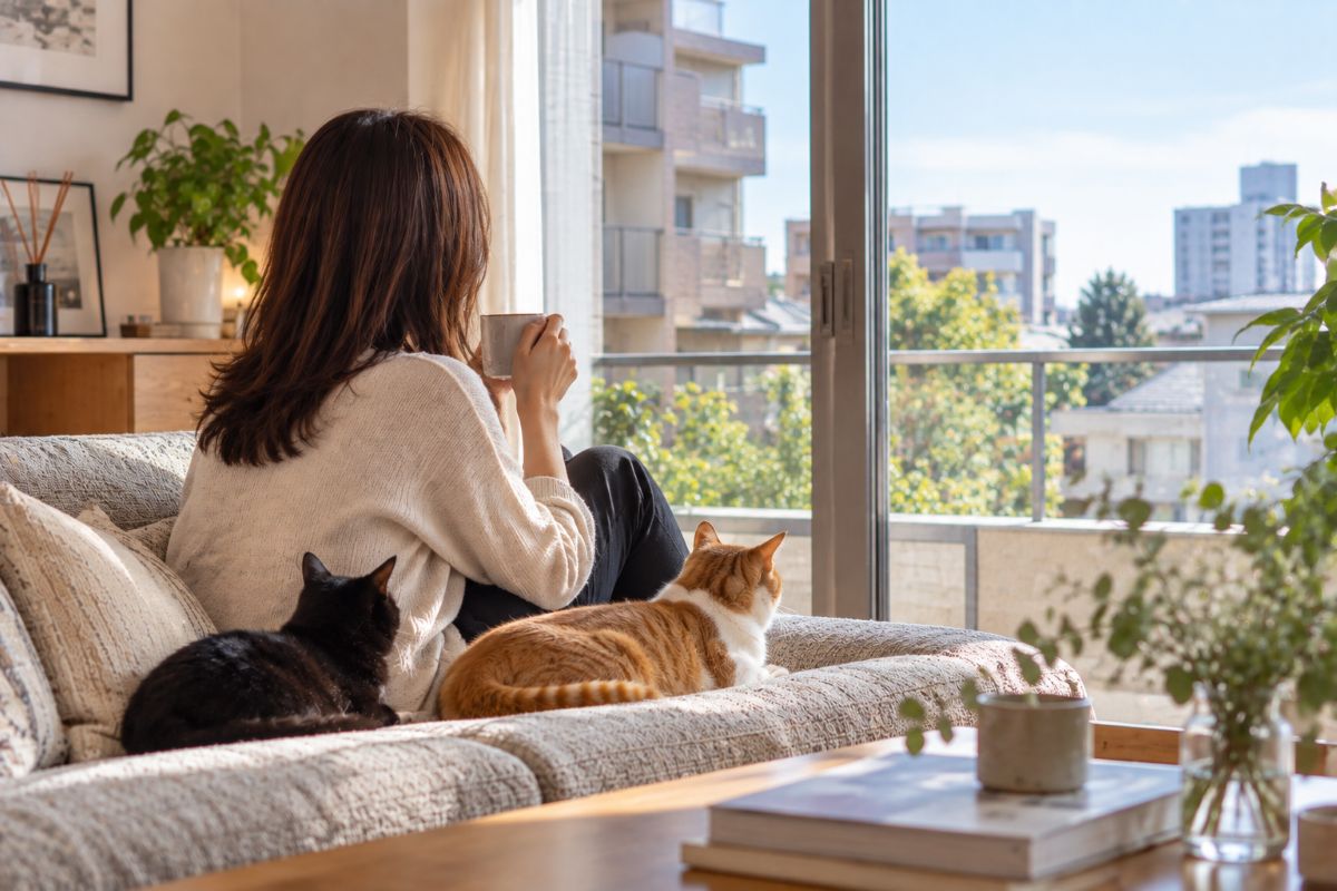 猫2匹と暮らす40代独身女性がマンションの窓辺でこれからの暮らしを考える