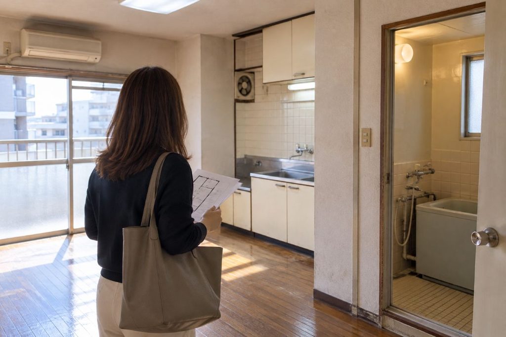 猫2匹と暮らせる賃貸マンションを探し、古い物件を内見する40代女性