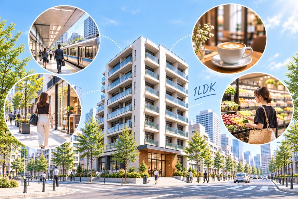 駅近の1LDK中古マンションと便利な都市生活をイメージ