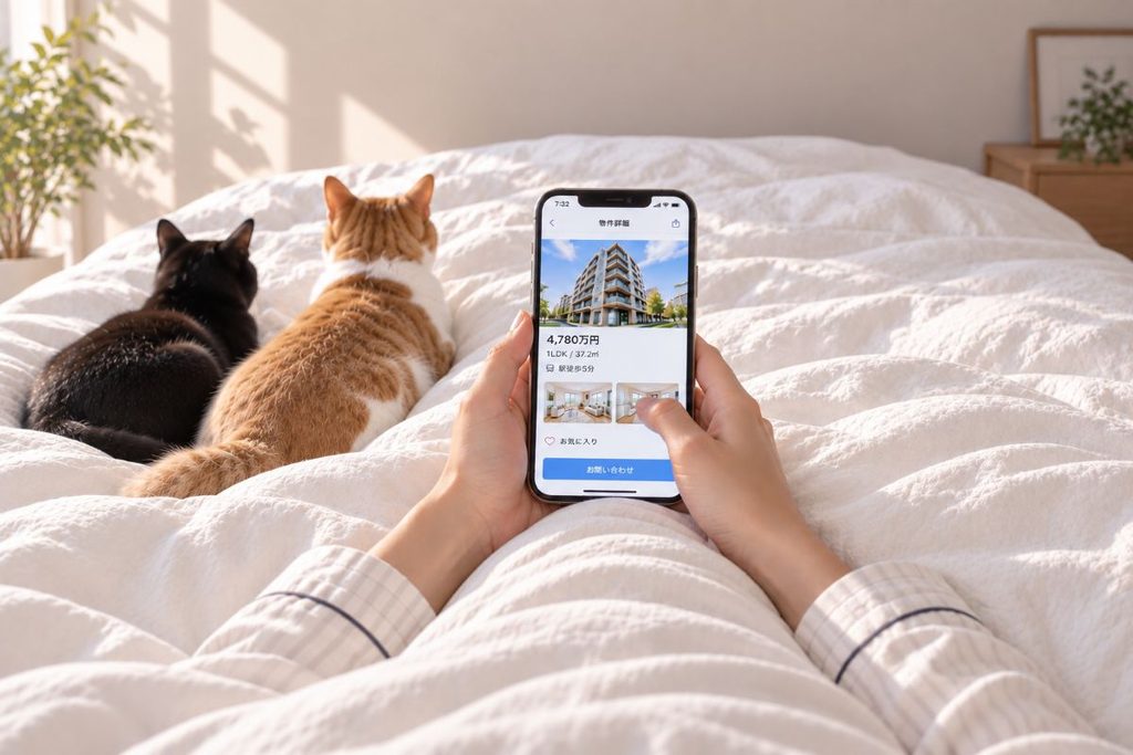ベッドの中でスマホを見ながらマンション物件を探す朝