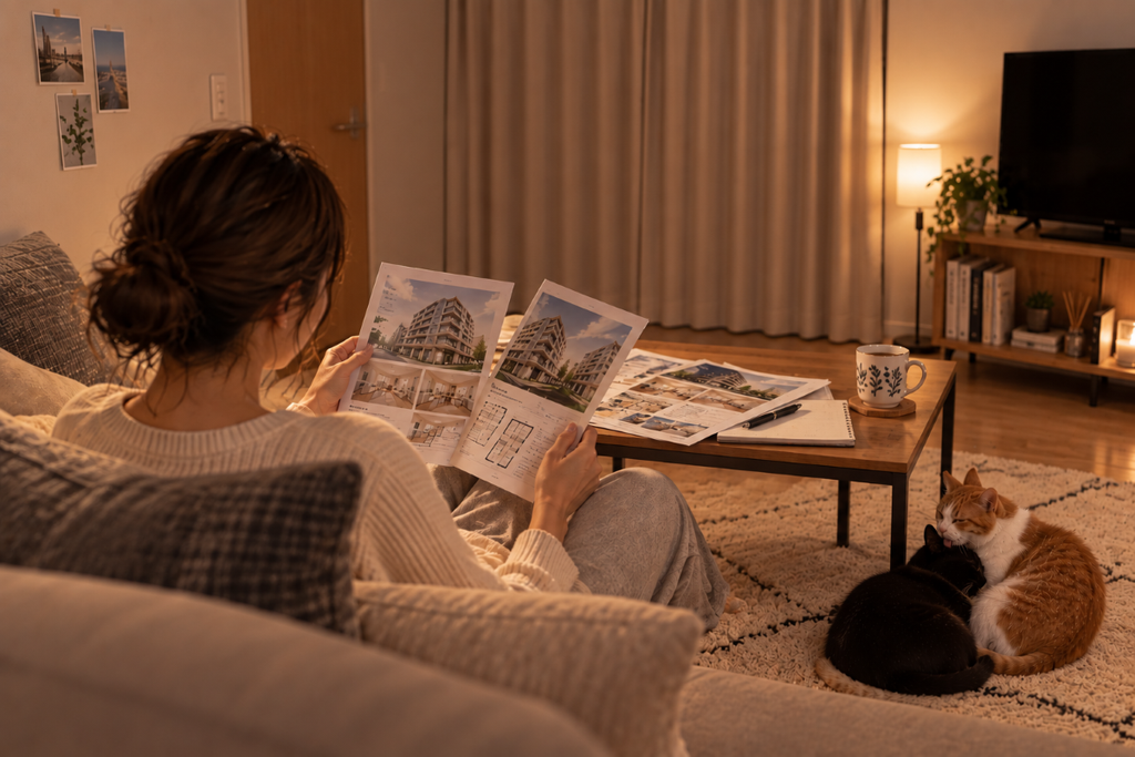 夜、自宅のソファでマンションの物件資料を比較する女性