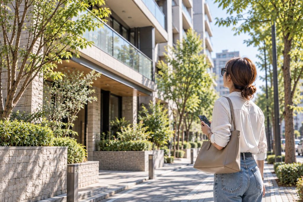 マンション購入のため街を歩きながら物件を探す40代女性