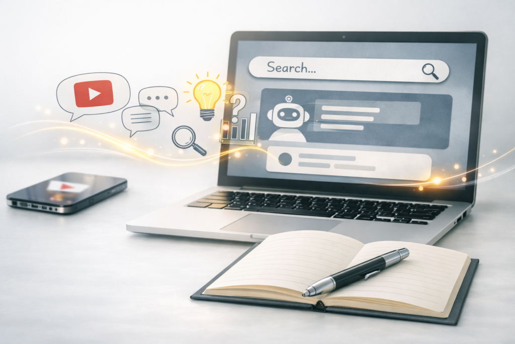 PCを中心に、スマホとノートが並ぶ現代的なデスク風景。AIやYouTubeで情報を収集しながら、自分の考えをまとめている様子をイラストで表現したイメージ。