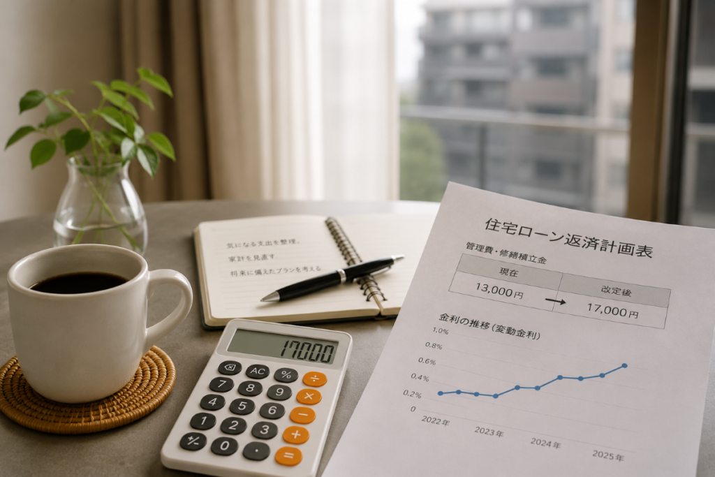 住宅ローンや管理費・修繕積立金について考えるための電卓と書類