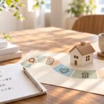 中古マンション購入の流れをイメージした、住宅模型とチェックリストのあるテーブル