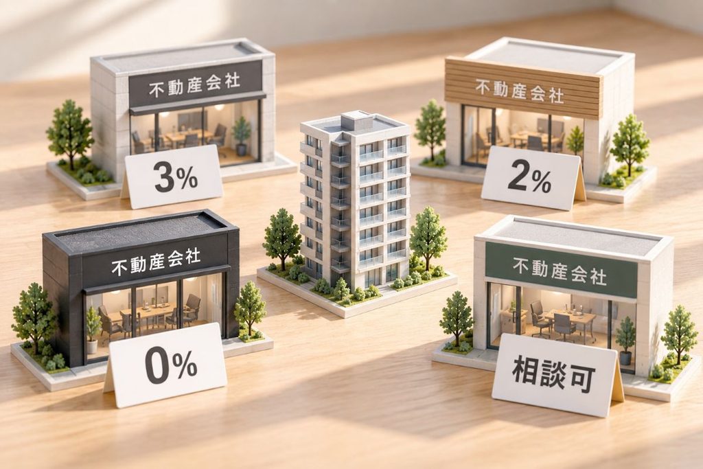 不動産会社によって3%・2%・0%・相談可など仲介手数料の条件が異なる