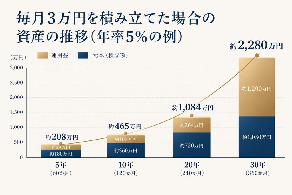 長期積立投資によって資産が増えていく様子を示したグラフ。運用期間が長くなるほど複利の効果が大きくなる