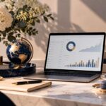 ノートパソコンや地球儀、花が置かれた上質なデスク。インデックス投資と個別株を組み合わせる投資戦略